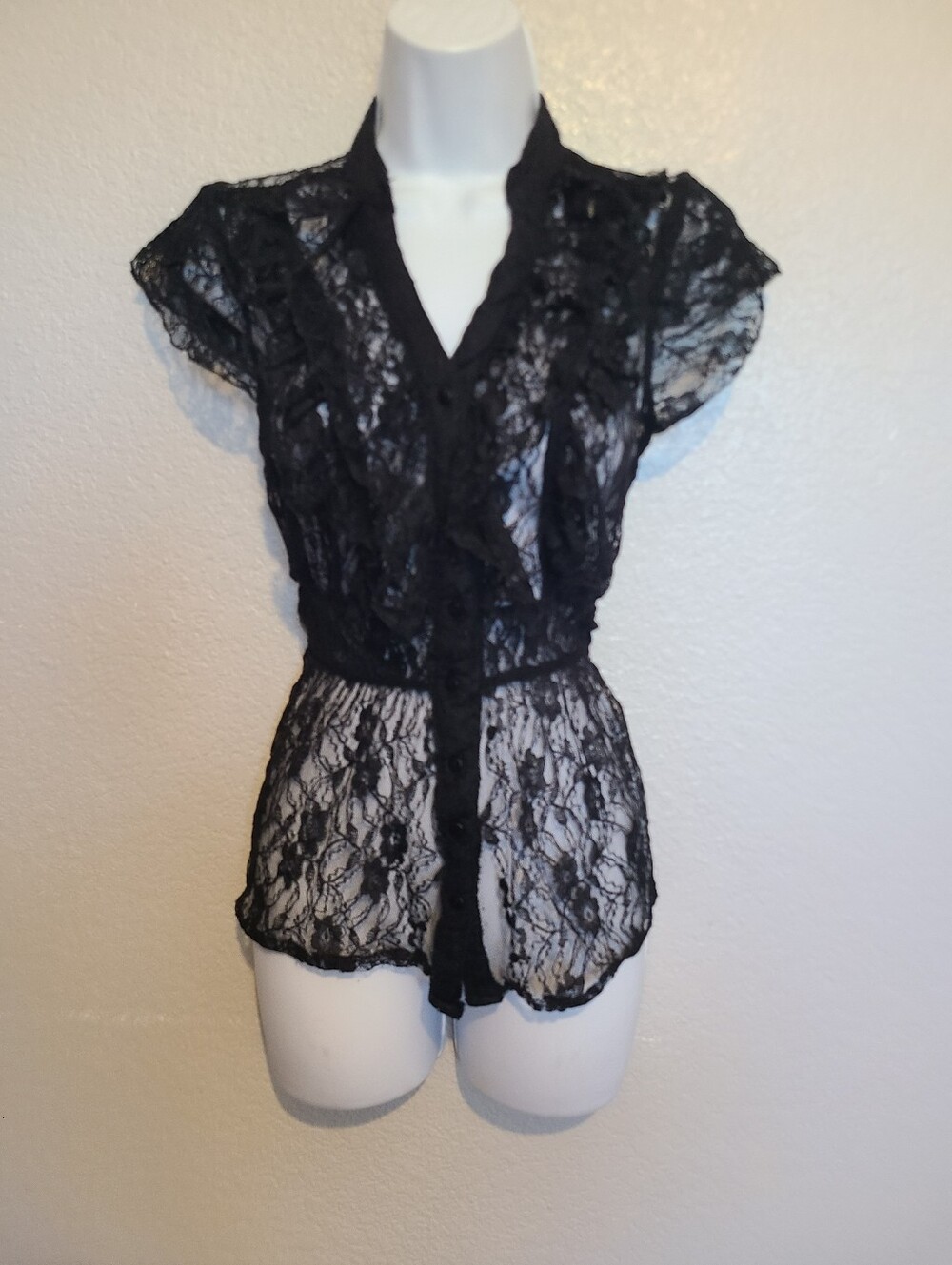 Black Sheer Lace Button-Front Blouse Ruffle Front Flutter Sleeve Peplum Blouse